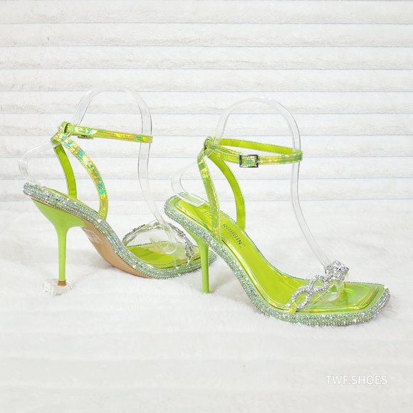 Mini .5" Rhinestone Platform Lime Green Hologram Upper Wrap Strap Heels Baily - Picture 3 of 17